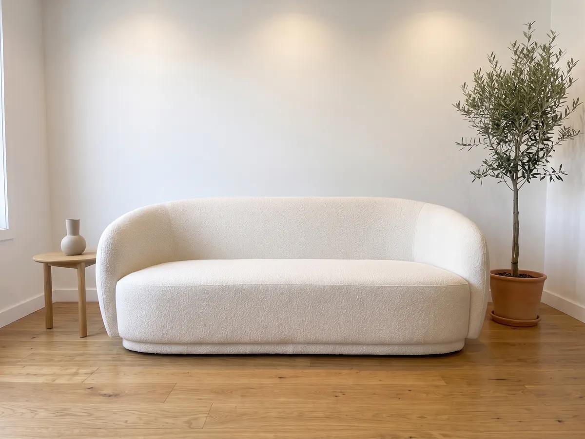 Sillón curvo de bouclé blanco en el showroom de Sillones Mar del Plata